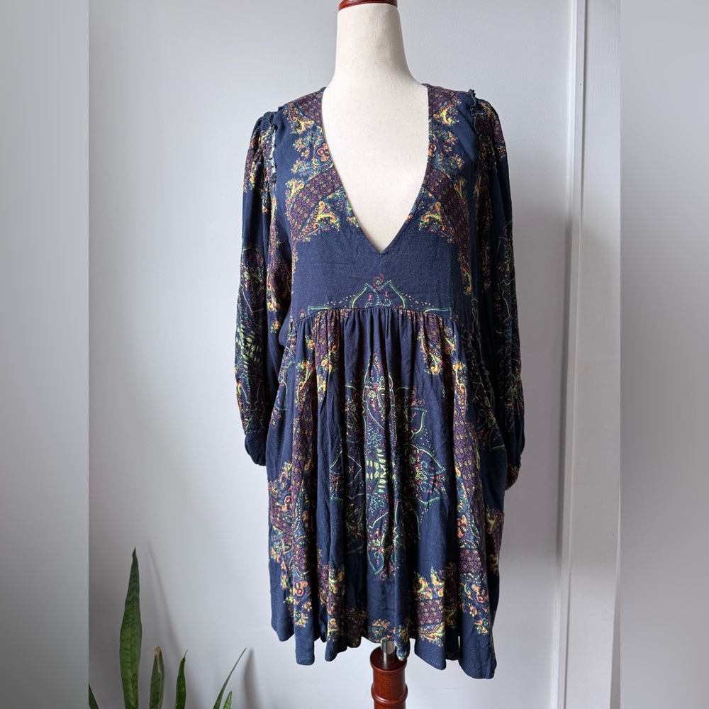 Free People Navy Floral V-Neck Mini Dress